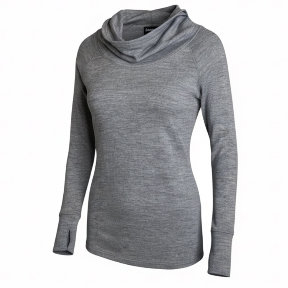 BETABRAND Wool Blend Cowl Neck / Hood Sweater Grey Thumb Holes Yoga Size S